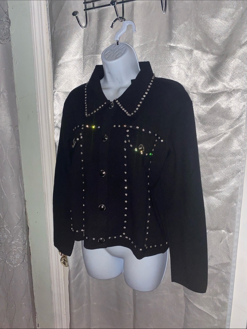 Studded Black Polyester Jacket with Decorative Buttons